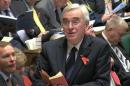 A still image from video shows Britain's shadow Chancellor of the Exchequer John McDonnell quoting from Mao's Little Red Book