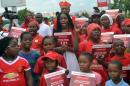 Children chant to mark 500 days since the abduction of Chibok schoolgirls by Boko Haram during a rally to call for their release in Abuja, on August 27, 2015