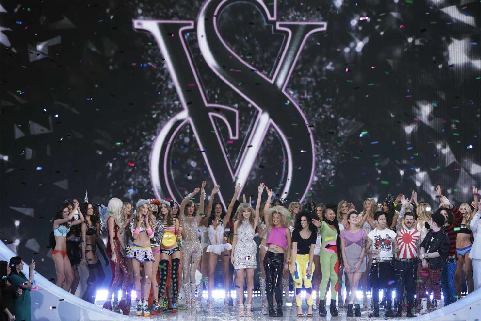 Singer Taylor Swift stands onstage during the finale of the annual Victoria's Secret Fashion Show in New York