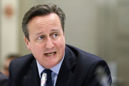 Britain's Prime Minister David Cameron speaks at a debate to promote the EU-US trade deal, in Brussels