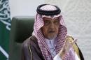 Saudi Foreign Minister Saud al-Faisal gestures during a joint news conference with his French counterpart Laurent Fabius in Riyadh