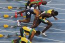 FILE - In this Sunday, Aug. 28, 2011 file photo, Jamaica's Usain Bolt, third from bottom, false starts from the men's 100-meter final at the World Athletics Championships in Daegu, South Korea. Bolt was disqualified. Under the zero-tolerance false-start rule in place for the London Olympics, a sprinter's mistimed jump from the blocks could destroy four years of hard work in an instant. (AP Photo/Kin Cheung)