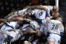 Bath's players take part in a scrum during the European Rugby Union Champions Cup match on January 18, 2015