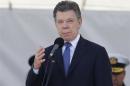 Colombian President Santos gives a speech during a ceremony to mark the 94th anniversary of the Colombian Air Force at a military base in Bogota