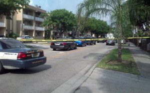 Police cars line a street where a seven were killed …
