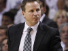Oklahoma City Thunder head coach Scott Brooks walks down the floor at a break during the first half at Game 3 of the NBA Finals basketball series against the Miami Heat, Sunday, June 17, 2012, in Miami. (AP Photo/Lynne Sladky)
