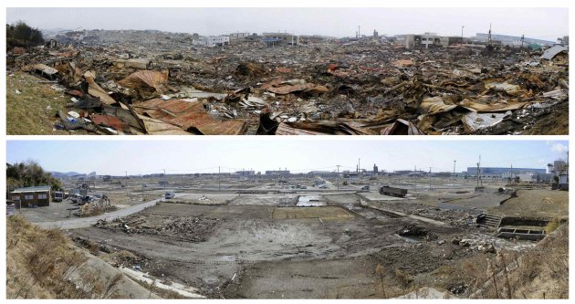 Combo photo shows the tsunami-devastated …