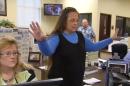Rowan County Clerk Kim Davis gestures as she refuses to issue marriage licenses to a same-sex couple in Morehead