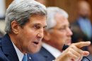 Secretary of State John Kerry (L) speaks on Syria as Defense Secretary Chuck Hagel (R) watches on September 10, 2013