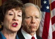 US Senators Joseph Lieberman (R), Chairman, and Susan Collins, Ranking Member, both of the US Senate Committee on Homeland Security and Governmental Affairs deliver remarks to the media on December 31, 2012, regarding the investigative report, " Flashing Red: A Special Report On The Terrorist Attack At Benghazi."