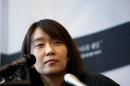 Winner of the Man Booker International Prize for fiction, South Korean author Han Kang, attends a news conference in Seoul