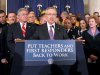 Senate Majority Leader Harry Reid of Nev. speaks during a news conference to urging the passage of the Teachers and First Responders Back to Work Act, Wednesday, Oct. 19, 2011, on Capitol Hill in Washington. He is joined by Senate Majority Whip Richard Durbin of Ill., right, Sen. Debbie Stabenow, D-Mich., second from right, and others.  (AP Photo/Haraz N. Ghanbari)