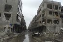 Buildings damaged after shelling by forces loyal to Syria's President Bashar al-Assad are seen at Douma near Damascus