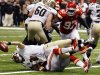 New Orleans Saints quarterback Drew Brees (9) is sacked for a safety in the second half of an NFL football game against the Kansas City Chiefs in New Orleans, Sunday, Sept. 23, 2012. (AP Photo/Bill Haber)