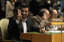 Iran's President Mahmoud Ahmadinejad gestures as he attends the high level meeting on rule of law in the United Nations General Assembly, at U.N. headquarters Monday, Sept. 24, 2012. (AP Photo/Richard Drew)