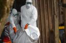 Liberian Red Cross health workers wearing protective suits carry the body of a victim of the Ebola virus on September 10, 2014, in a district of Monrovia