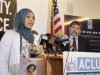 Boudlal speaks as ACLU Chief Council Rosenbaum looks on at a news conference at ACLU headquarters in Los Angeles
