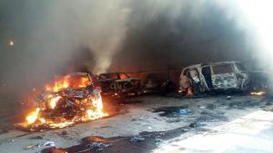 Vehicles burn, that authorities say caught fire during &hellip;