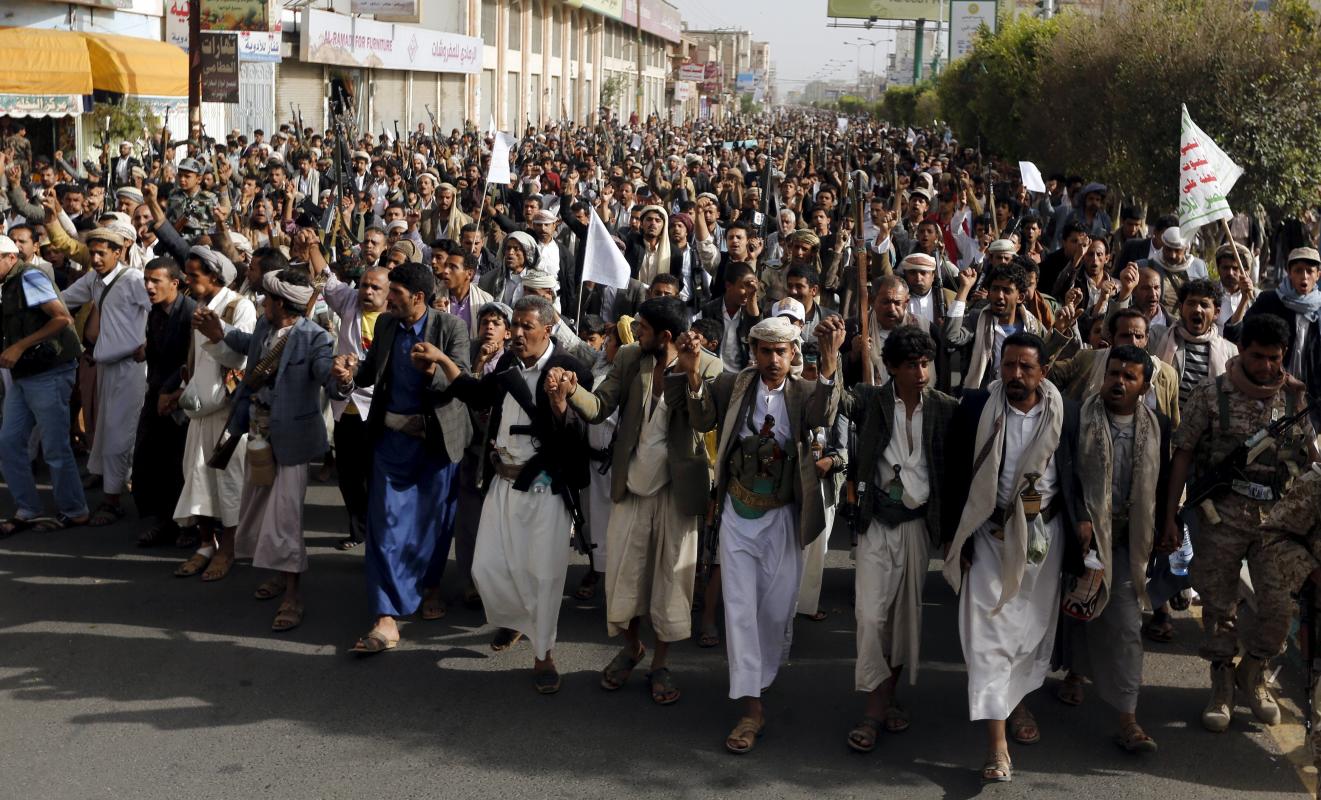 Followers of the Houthi group demonstrate against the air strikes by the Saudi-led coalition in Sanaa