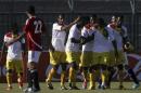 Guinea's players celebrate scoring a goal against Egypt during their 2014 World Cup qualifying soccer match at El-Gouna stadium in Hurghada