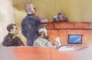 File - In this Aug. 8, 2013 file courtroom sketch, Maj. Nidal Hasan, second from right, sits with his standby defense attorneys Maj. Joseph Marcee, left, and Lt. Col. Kris Poppe, second from left, as presiding judge Col. Tara Osborn looks on, during Hasan's trial, in Fort Hood, Texas. Testimony has been moving so quickly during the military trial of the soldier accused in the 2009 Fort Hood shooting rampage that the judge decided to give jurors extra time on Monday in between witnesses to finish their notes.(AP Photo/Brigitte Woosley, File)