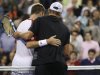 Andy Roddick, right, embraces fellow Nebraskan Jack Sock after Roddick's 6-3, 6-3, 6-4 win during the U.S. Open tennis tournament in New York, Friday, Sept. 2, 2011. (AP Photo/Charles Krupa)