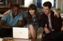 In this undated image released by Fox, Zooey Deschanel appears with Max Greenfield, right, and Lamorne Morris, left, in a scene from the comedy 