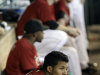 Houston Astros' Jimmy Paredes sits on the bench during the eighth inning of a baseball game against the Colorado Rockies, Sunday, Sept. 25, 2011, in Houston. The Rockies defeatedt the Astros 19-3. (AP Photo/David J. Phillip)
