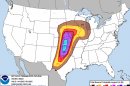 This graphic provided Friday, April 13, 2012, by NOAA's Storm Prediction Center shows a high risk of severe weather in portions of Kansas and Oklahoma on Saturday, April 14. According to forecasters, there is a 60 percent chance of tornadoes, high wind and hail within 25 miles of a point in an area from Salina, Kan., to Oklahoma City. Also, in the area marked with dashed lines, there is a 10 percent or greater chance that storms within 25 miles of a point could be significant. That region stretches from near Omaha, Neb., to west of Dallas. (AP Photo/NOAA)
