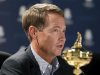 U.S. captain Davis Love III attends a news conference after arriving for the 39th Ryder Cup golf matches in Medinah, Illinois