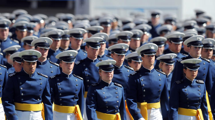 Air Force Academy Cadets walk onto the field at the start of the graduation ceremony for the US Air Force Academy at Falcon Stadium on May 23, 2012 in Colorado Springs, Colorado