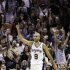 San Antonio Spurs point guard Tony Parker (9), of France, reacts against the Oklahoma City Thunder during the second half of Game 2 in their NBA basketball Western Conference finals playoff series, Tuesday, May 29, 2012, in San Antonio. (AP Photo/Eric Gay)