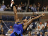 Serena Williams reacts after winning her semifinal match against Caroline Wozniacki of Denmark at the U.S. Open tennis tournament in New York, Saturday, Sept. 10, 2011. (AP Photo/Charles Krupa)