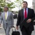 Former Major League Baseball pitcher Roger Clemens and his lawyer Rusty Hardin, left, leave Federal Court in Washington, as the second day of jury selection in his perjury trial wraps uo, Tuesday, April 17, 2012. (AP Photo/Manuel Balce Ceneta)