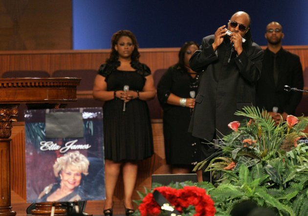 Stevie Wonder performs at the funeral of singer Etta James, Saturday, Jan. 28, 2012, at Greater Bethany Community Church City of Refuge in Gardena, Calif. James died last Friday at age 73 after battling leukemia and other ailments, including dementia. She was most famous for her classic "At Last," but over her decades-long career, she became revered for her passionate singing voice. (AP Photo/Ringo H.W. Chiu)