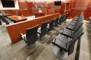 FILE -- This Thursday, Jan. 15, 2015 file photo shows a view of the jury box, right, inside Courtroom 201, where jury selection in the trial of Aurora movie theater shootings defendant James Holmes is to begin on Jan. 20 at the Arapahoe County District Court in Centennial, Colo. The trial begins with 9,000 possible jurors and a rare opportunity to see a mass shooter stand trial. (AP Photo/Brennan Linsley, Pool, File)
