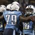 Tennessee Titans' Griffin celebrates intercepting a pass intended for New York Jets' Cumberland during their NFL football game in Nashville