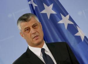 Kosovo&#39;s Foreign Minister Thaci speaks to the media  in Berlin