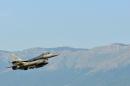 This August 9, 2015 US Air Force handout photo shows an F-16 Fighting Falcon departing Aviano Air Base, Italy enroute to Incirlik Air Base, Turkey, in support of Operation Inherent Resolve