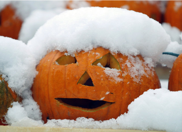 A jack-o'-lantern is covered with snow during a storm, Sunday Oct. 30, 2011, in Freeport, Maine. (AP Photo/Robert F. Bukaty)