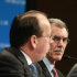 In this photo taken March 9, 2012, Solicitor General Donald B. Verrilli Jr., right, and Paul Clement, who are to argue the constitutionality of the Patient Protection and Affordable Care Act before the Supreme Court, take part in a Georgetown University Law Center forum in Washington. Verrilli said during the Supreme Court arguments on the law that the court "has a solemn obligation to respect the judgments of the democratically accountable branches of government."(AP Photo/Haraz N. Ghanbari)