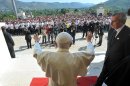 Pope Benedict XVI gestures during his visit to the Shrine of the 