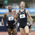 Galen Rupp celebrates after finishing first in the men's 5,000 meter finals at the U.S. Olympic Track and Field Trials Thursday, June 28, 2012, in Eugene, Ore. Bernard Lagat came in second. (AP Photo/Eric Gay)