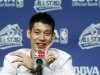 Knicks Lin talks during a new conference before the BBVA Rising Stars Challenge game during the NBA All-Star weekend in Orlando