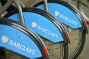 Bicylces for hire, sponsored by Barclays, are lined up in a rack in London