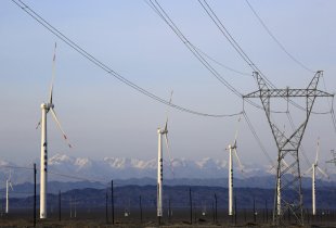 An electricity pylon is seen next to wind turbines at a wind power plant in Hami, Xinjiang Uighur Autonomous Region, China. (Reuters)