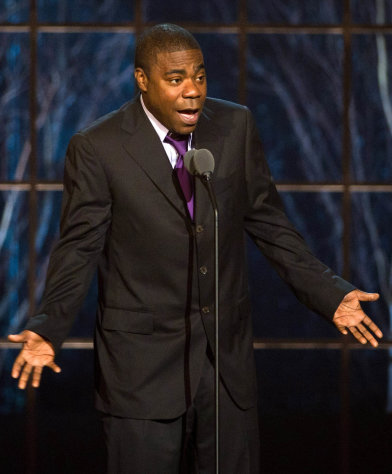 FILE - In this March 26, 2011 file photo, actor and comedian Tracy Morgan appears onstage at the ?The Comedy Awards? presented by Comedy Central in New York. The NBC comedy "30 Rock" has mocked one of its own cast members. On Thursday, Jan. 19, 2012, the show, which often finds laughs in real-life events in the show business world it inhabits, focused on Tracy Morgan, who found himself in real-life hot water last June after making anti-gay remarks during a stand-up appearance in Nashville, Tenn. On the "30 Rock" episode, Morgan character Tracy Jordan sparked a protest after making a couple of ridiculous gay-oriented jokes during a concert date. (AP Photo/Charles Sykes, file)