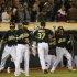 Athletics' Moss celebrates after home run against New York Yankees in Oakland