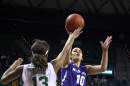 FILE - In this Jan. 22, 2014, file photo, Kansas State guard Leticia Romero (10), right, shoots over Baylor forward Nina Davis (13), left, in the first half of an NCAA college basketball game in Waco, Texas. Basketball isn't all that Breanna Stewart, Kia Nurse and Romero have to worry about while playing in the women's basketball world championship. They also need to focus on academics as all three are in college and classes are well underway. (AP Photo/Waco Tribune Herald, Rod Aydelotte, File)