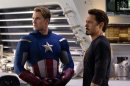 In this film image released by Disney, Chris Evans, portraying Captain America, left, and Robert Downey Jr., portraying Tony Stark, are shown in a scene from 
